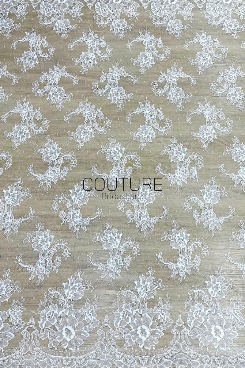 Corded Chantilly French Lace: White Scattered Floral Spray Couture Fabric, 3 Meters