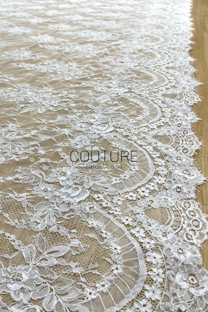 Corded Chantilly French Lace: White Floral Bouquet with Double Scalloped Border, 3 Meters