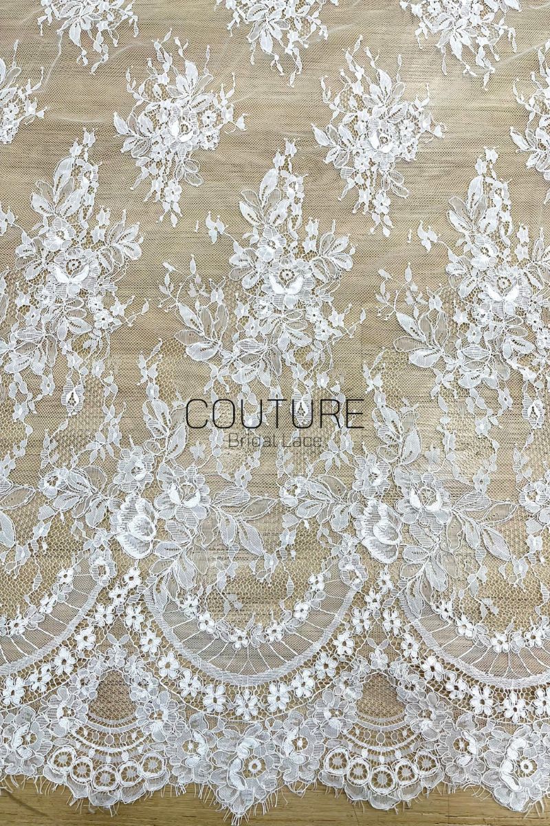 Corded Chantilly French Lace: White Floral Bouquet with Double Scalloped Border, 3 Meters