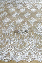 Corded Chantilly French Lace: White Floral Bouquet with Double Scalloped Border, 3 Meters