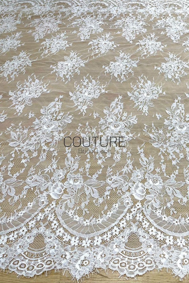 Corded Chantilly French Lace: White Floral Bouquet with Double Scalloped Border, 3 Meters