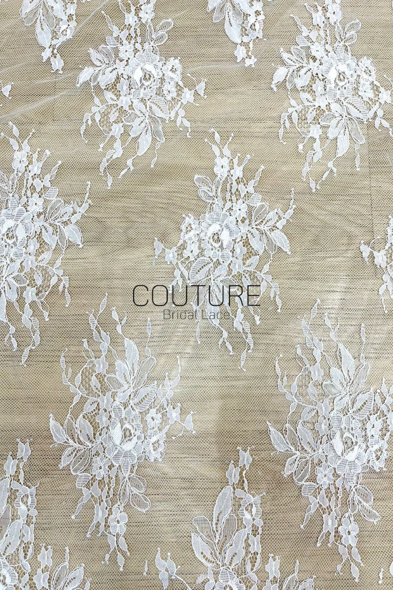 Corded Chantilly French Lace: White Floral Bouquet with Double Scalloped Border, 3 Meters