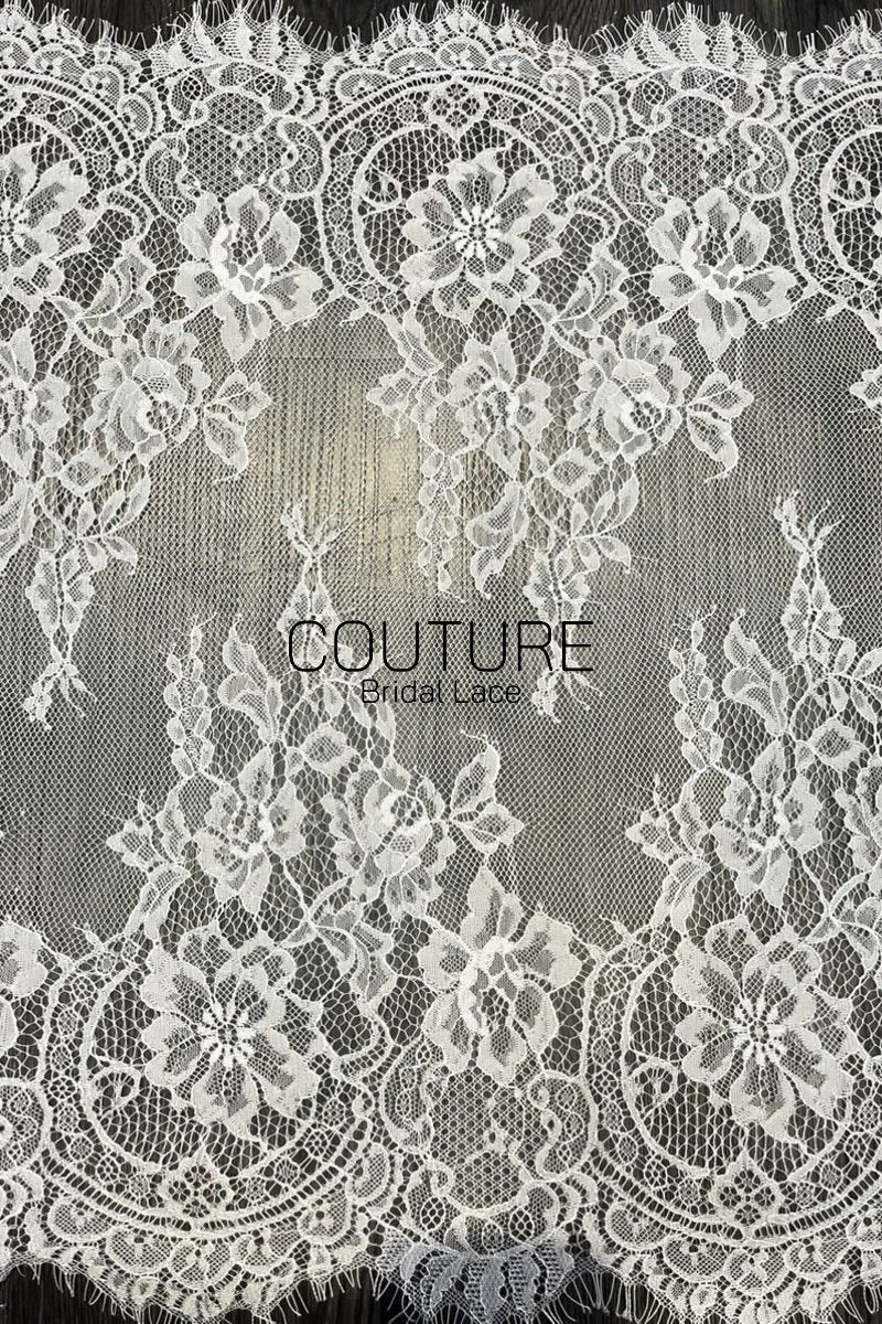 Lace Trim: Ivory Delicate Floral Botanical Medallion with Scalloped Eyelash Fringe Double Scalloped Edge, 3 Meters