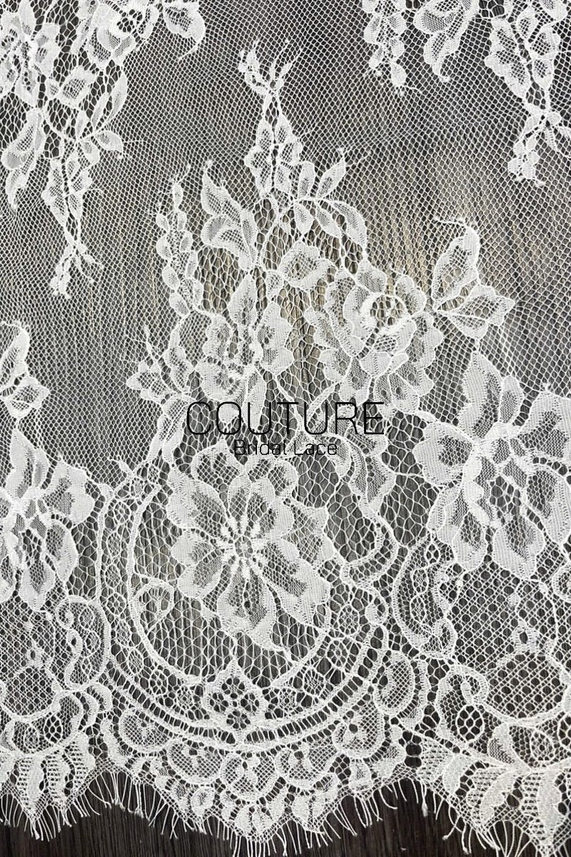 Lace Trim: Ivory Delicate Floral Botanical Medallion with Scalloped Eyelash Fringe Double Scalloped Edge, 3 Meters