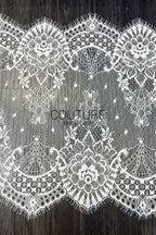 Lace Trim: Off-White Delicate Floral Vine Scrollwork with Ornate Scalloped Floral Eyelash Fringe Edge, 3 Meters