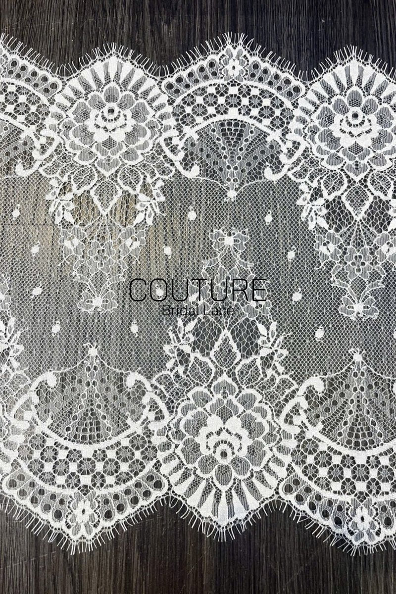 Lace Trim: Off-White Delicate Floral Vine Scrollwork with Ornate Scalloped Floral Eyelash Fringe Edge, 3 Meters