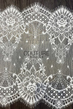 Lace Trim: Off-White Delicate Floral Vine Scrollwork with Ornate Scalloped Floral Eyelash Fringe Edge, 3 Meters