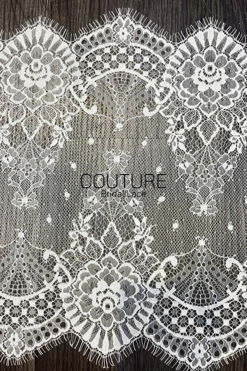 Lace Trim: Off-White Delicate Floral Vine Scrollwork with Ornate Scalloped Floral Eyelash Fringe Edge, 3 Meters