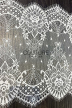 Lace Trim: Off-White Delicate Floral Vine Scrollwork with Ornate Scalloped Floral Eyelash Fringe Edge, 3 Meters