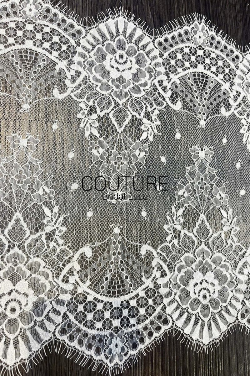 Lace Trim: Off-White Delicate Floral Vine Scrollwork with Ornate Scalloped Floral Eyelash Fringe Edge, 3 Meters