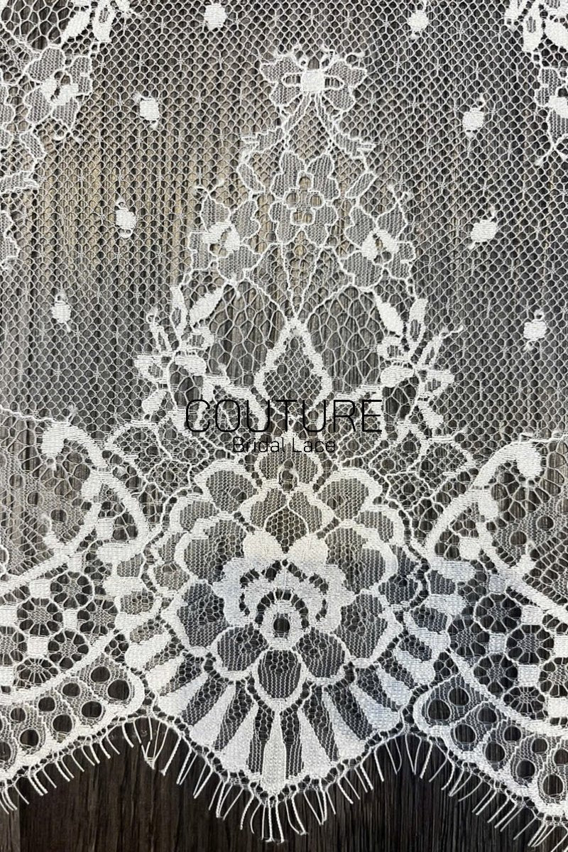 Lace Trim: Off-White Delicate Floral Vine Scrollwork with Ornate Scalloped Floral Eyelash Fringe Edge, 3 Meters