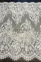 Lace Trim: Ivory Delicate Floral Bouquet Pattern with Scalloped Floral Edge and Mesh, 3 Meters