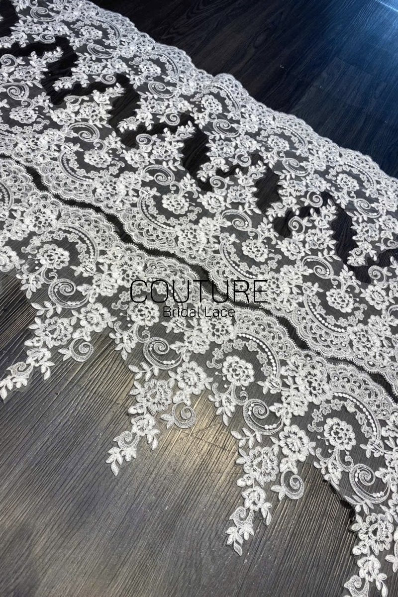 Lace Trim: Ivory Delicate Floral Scrollwork with Scalloped Floral Edge Border, 3 Meters