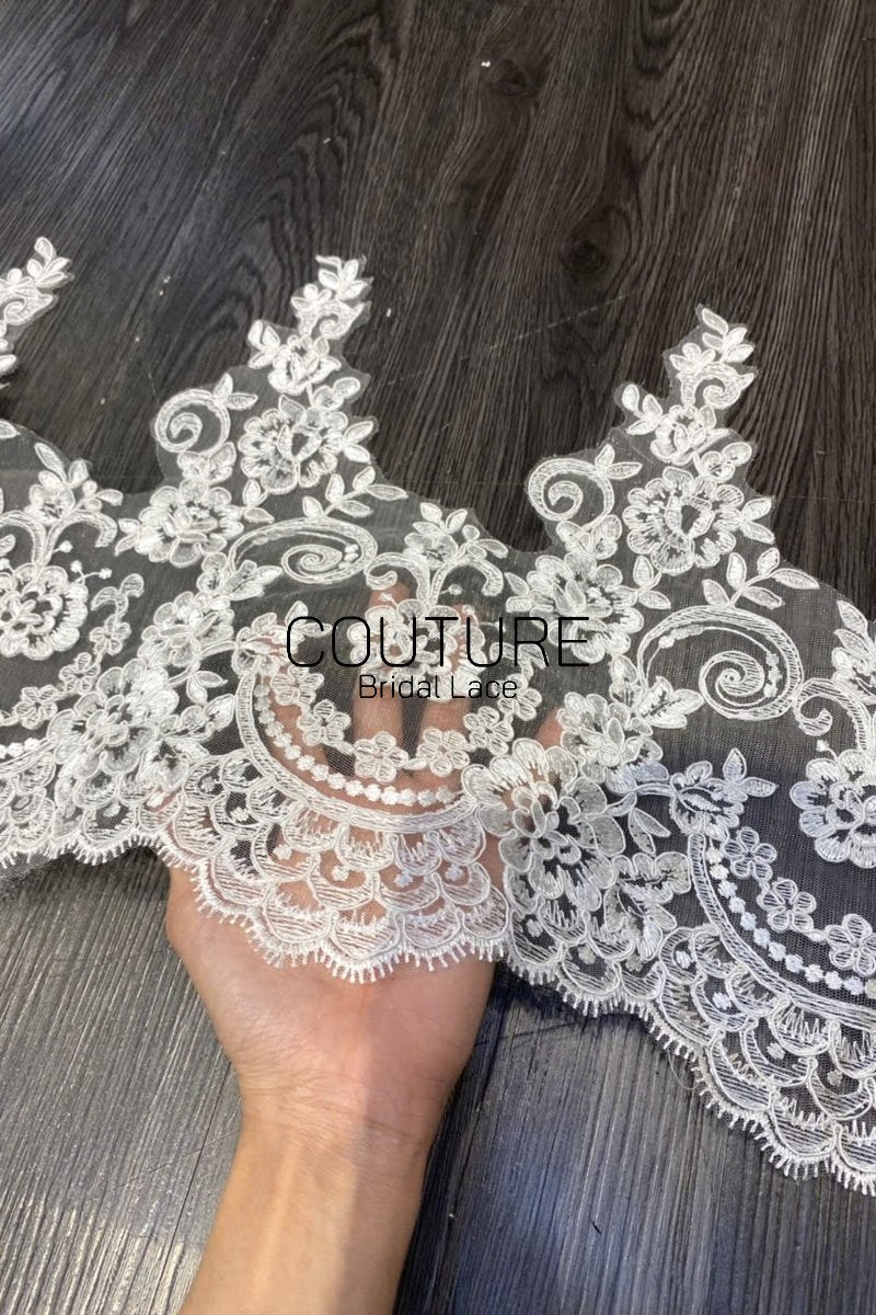 Lace Trim: Ivory Delicate Floral Scrollwork with Scalloped Floral Edge Border, 3 Meters