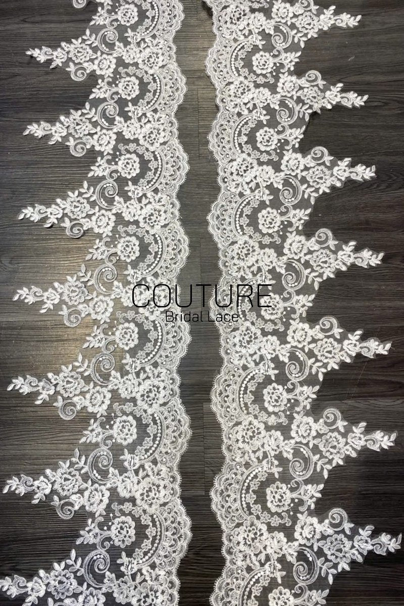 Lace Trim: Ivory Delicate Floral Scrollwork with Scalloped Floral Edge Border, 3 Meters