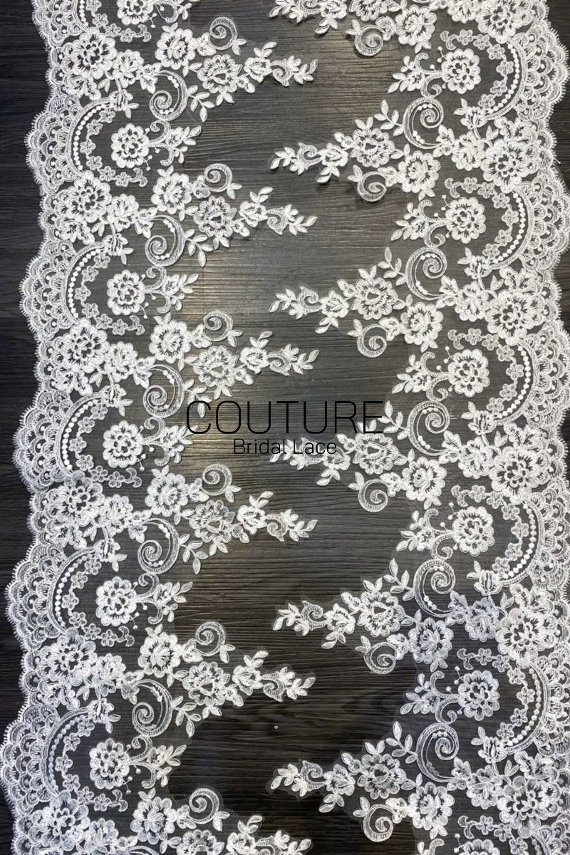 Lace Trim: Ivory Delicate Floral Scrollwork with Scalloped Floral Edge Border, 3 Meters