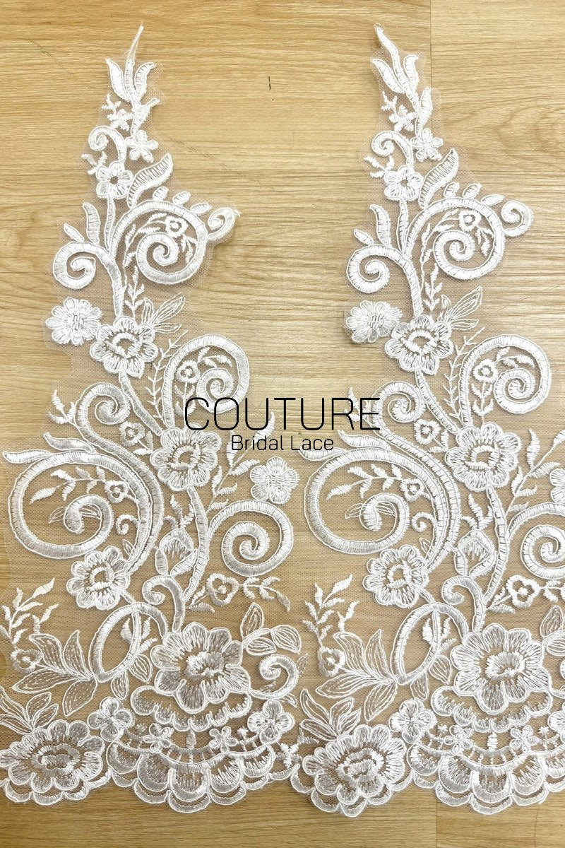 Lace Trim: Ivory Ornate Floral Scrollwork Design with Scalloped Floral Edge Bottom Border, 1 Meter