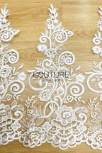 Lace Trim: Ivory Ornate Floral Scrollwork Design with Scalloped Floral Edge Bottom Border, 1 Meter