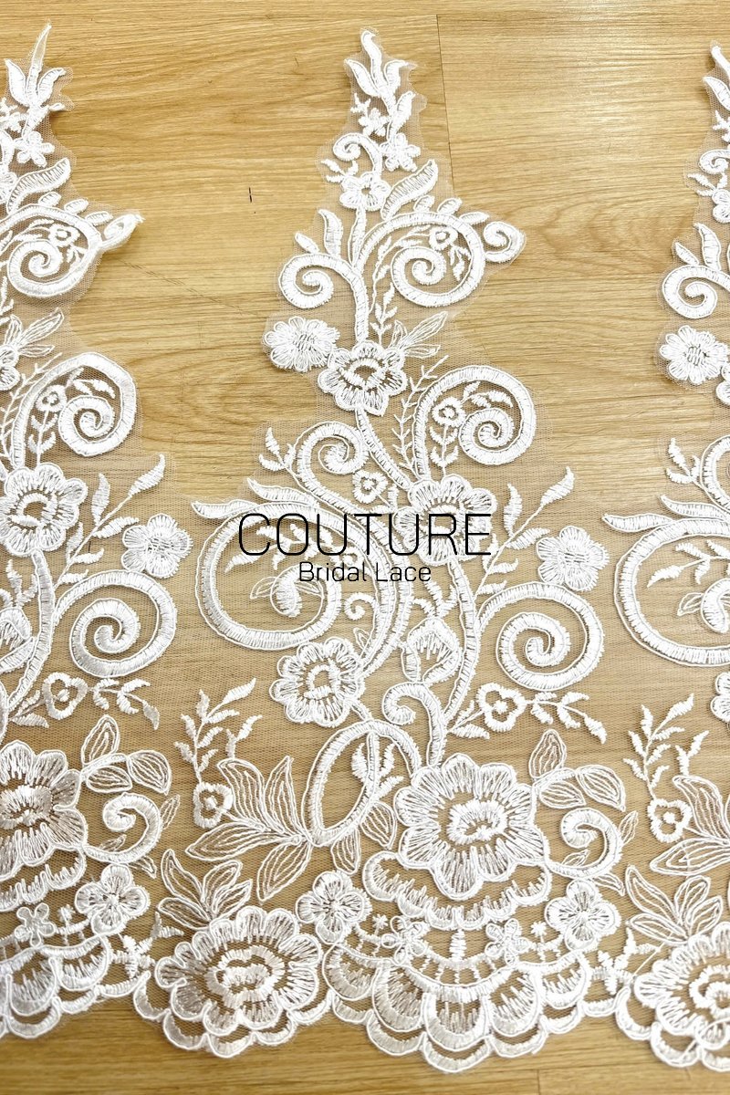 Lace Trim: Ivory Ornate Floral Scrollwork Design with Scalloped Floral Edge Bottom Border, 1 Meter