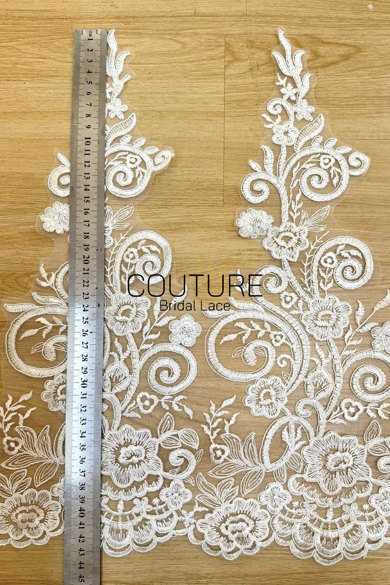 Lace Trim: Ivory Ornate Floral Scrollwork Design with Scalloped Floral Edge Bottom Border, 1 Meter