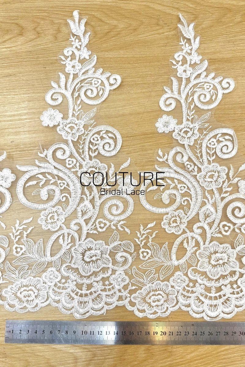 Lace Trim: Ivory Ornate Floral Scrollwork Design with Scalloped Floral Edge Bottom Border, 1 Meter
