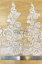 Lace Trim: Ivory Ornate Floral Scrollwork Design with Scalloped Floral Edge Bottom Border, 1 Meter