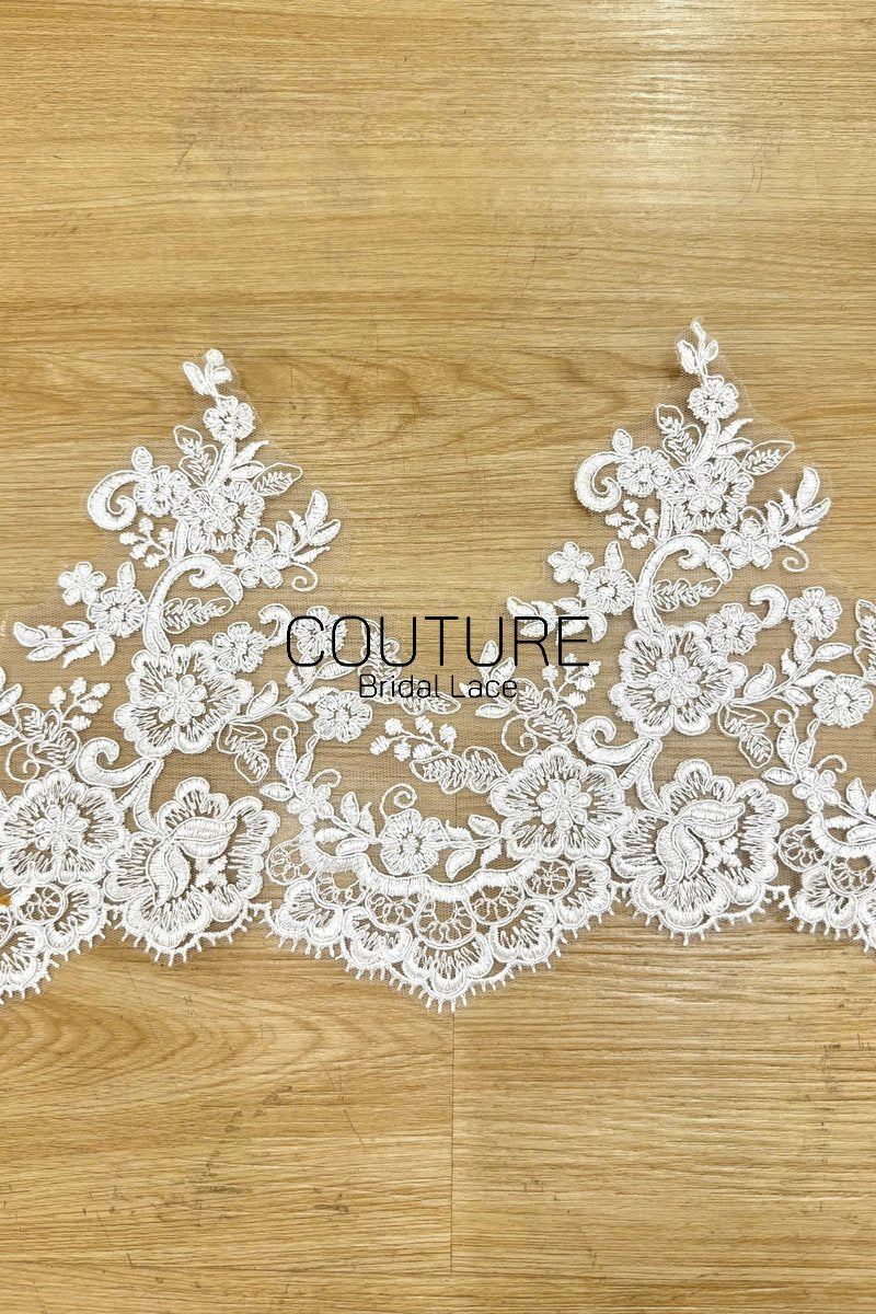 Lace Trim: Ivory Delicate Floral Vine Motif with Ornate Scalloped Floral Edge Border, 3 Meters