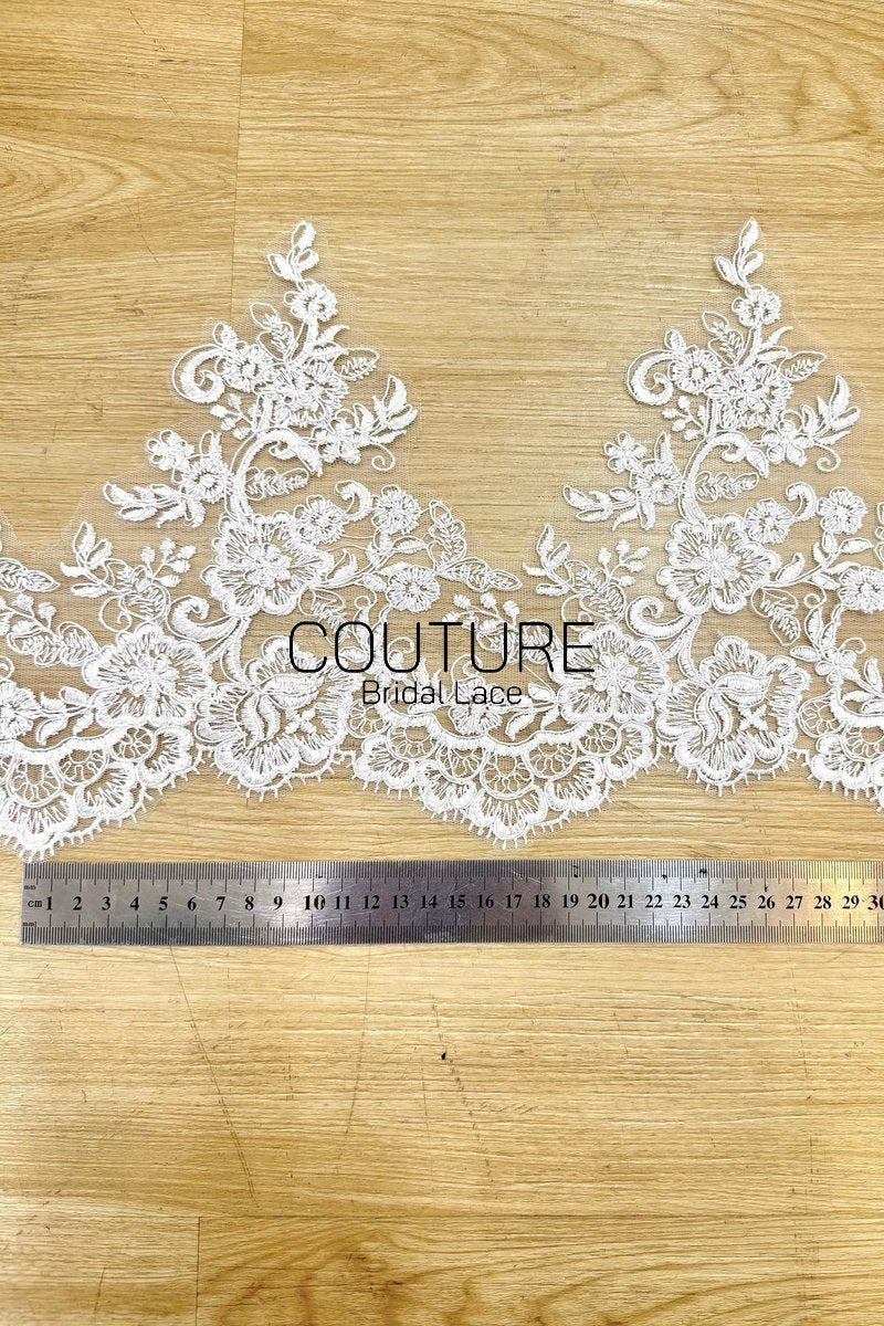 Lace Trim: Ivory Delicate Floral Vine Motif with Ornate Scalloped Floral Edge Border, 3 Meters