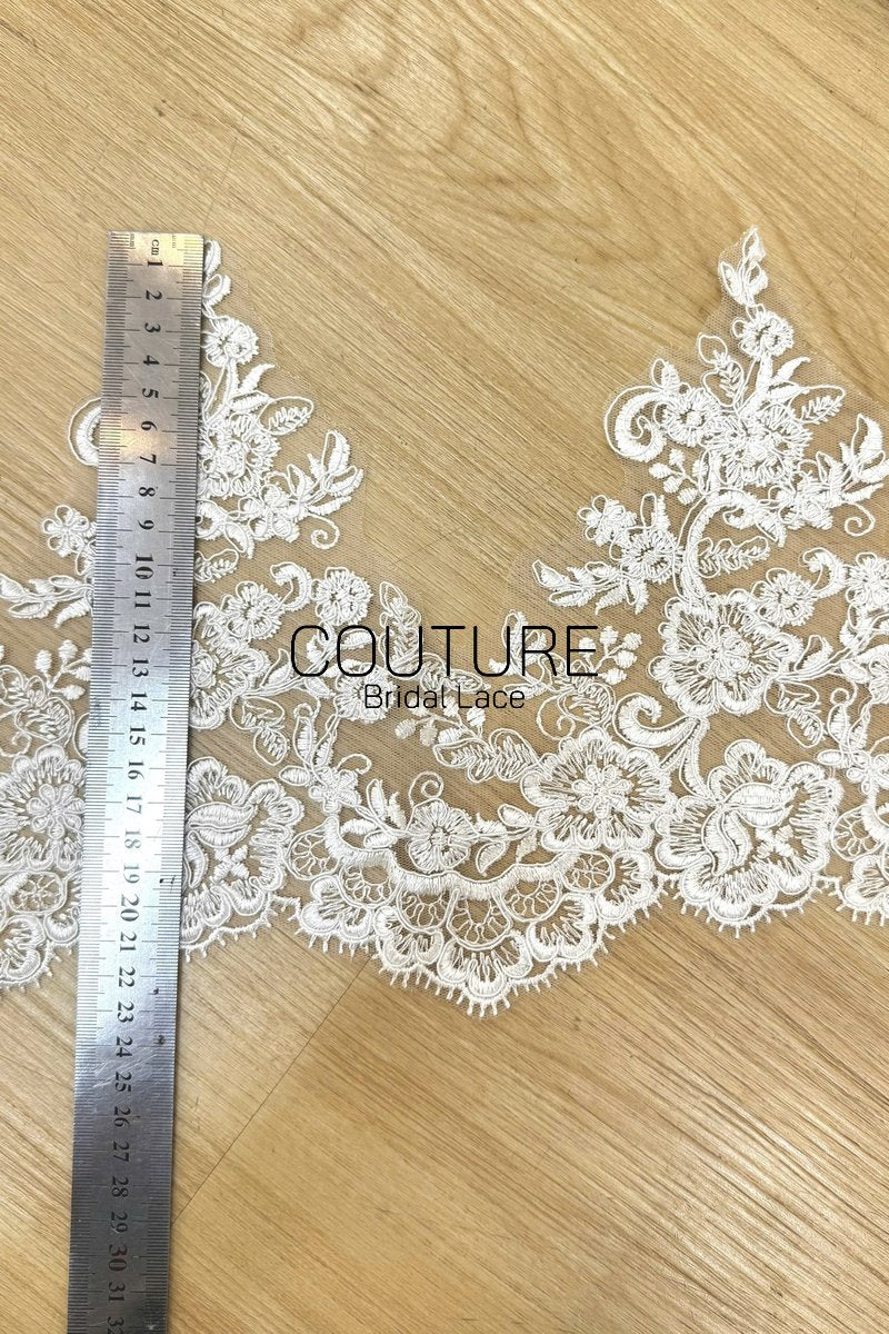 Lace Trim: Ivory Delicate Floral Vine Motif with Ornate Scalloped Floral Edge Border, 3 Meters