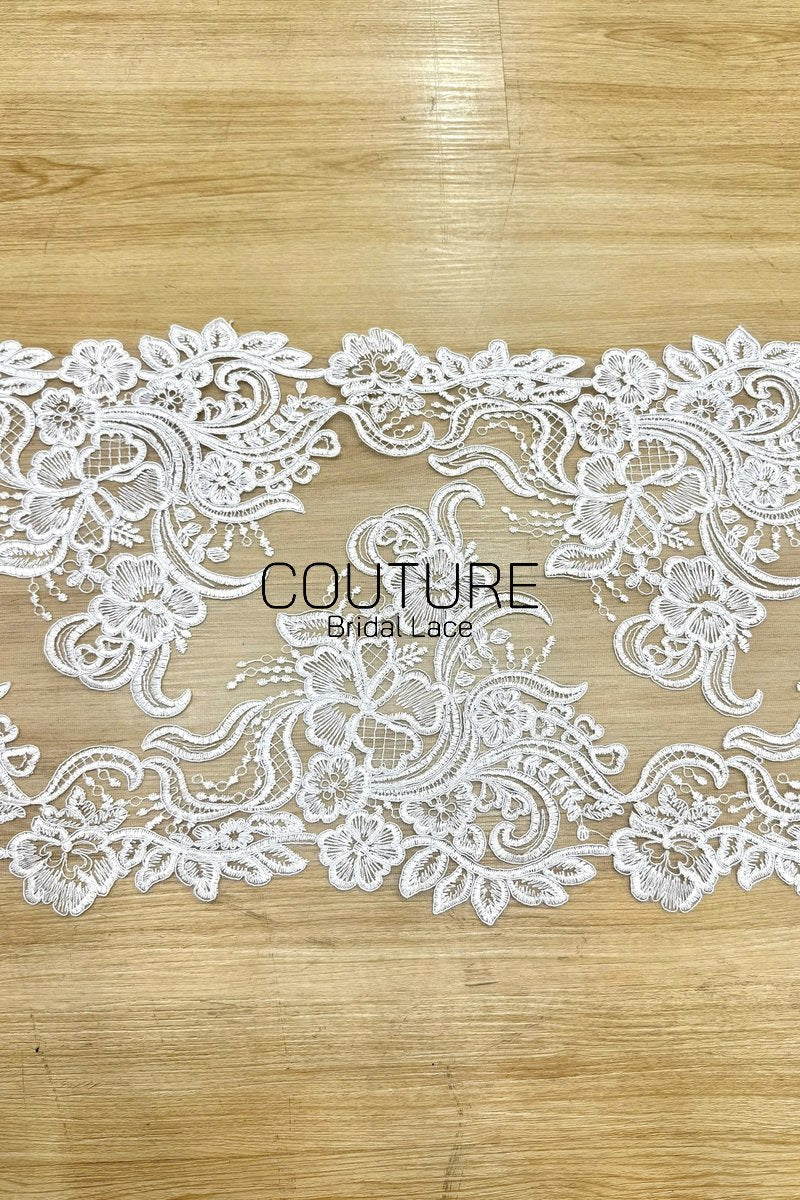 Lace Trim: Ivory Delicate Floral Scrollwork with Scalloped Ornate Floral Edge Design, 1 Meter