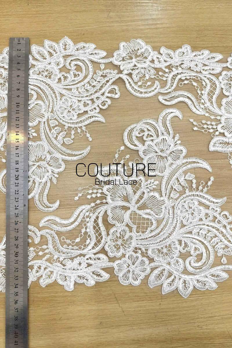 Lace Trim: Ivory Delicate Floral Scrollwork with Scalloped Ornate Floral Edge Design, 1 Meter