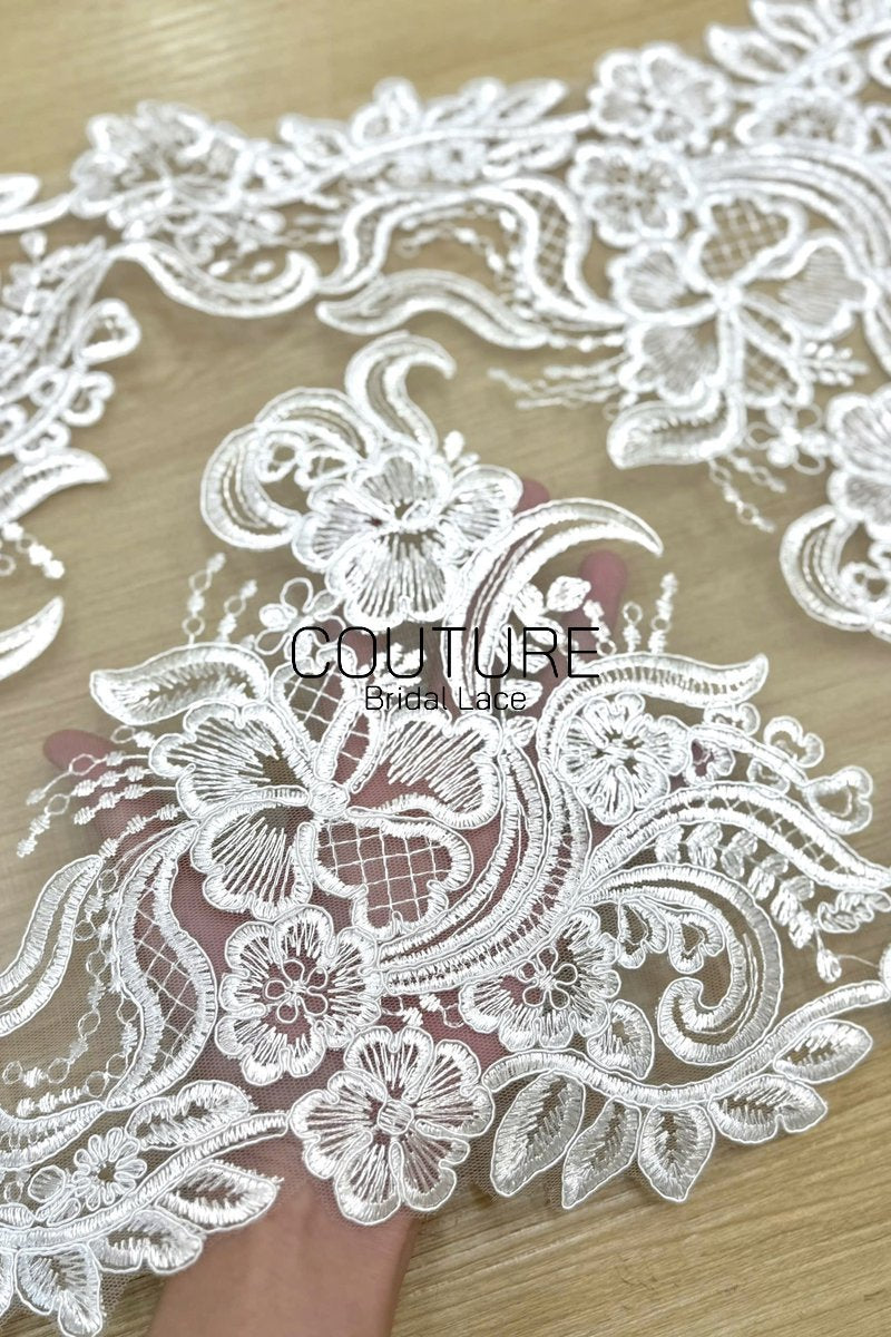 Lace Trim: Ivory Delicate Floral Scrollwork with Scalloped Ornate Floral Edge Design, 1 Meter
