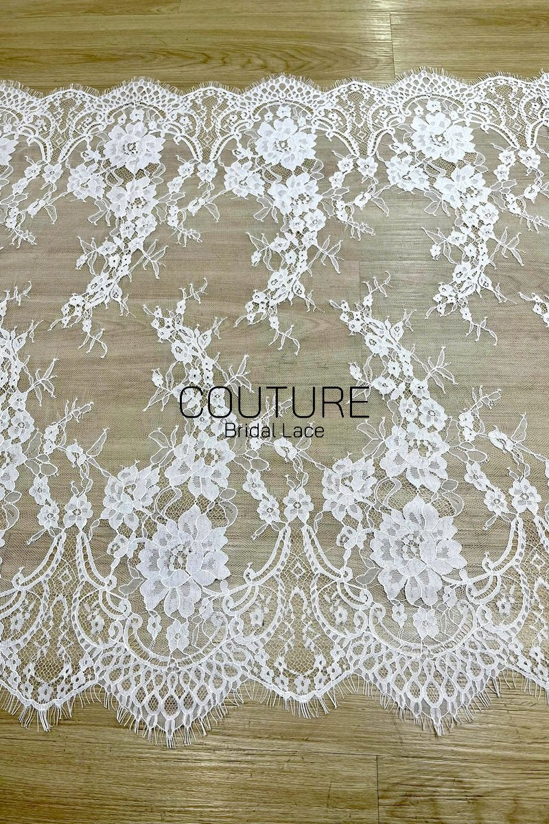 Lace Trim: White Delicate Floral Vine Sprays with Ornate Scalloped Floral Border Edge, 3 Meters