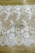 Lace Trim: White Delicate Floral Vine Sprays with Ornate Scalloped Floral Border Edge, 3 Meters