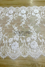 Lace Trim: White Delicate Floral Vine Sprays with Ornate Scalloped Floral Border Edge, 3 Meters