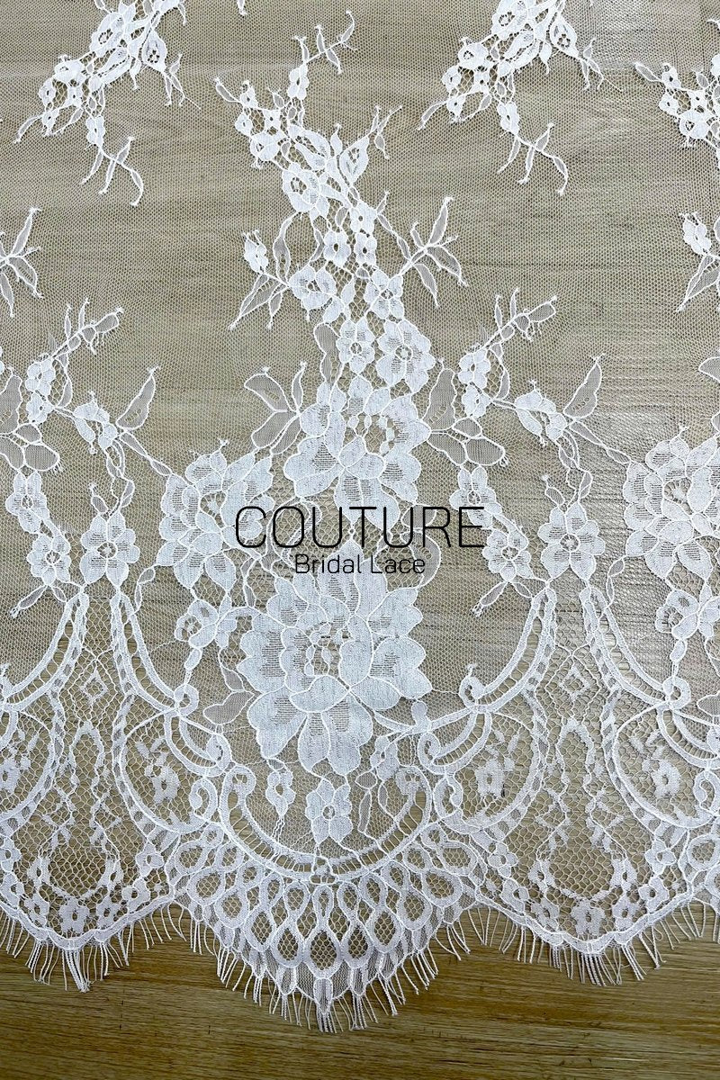 Lace Trim: White Delicate Floral Vine Sprays with Ornate Scalloped Floral Border Edge, 3 Meters