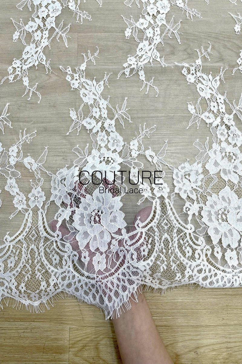 Lace Trim: White Delicate Floral Vine Sprays with Ornate Scalloped Floral Border Edge, 3 Meters