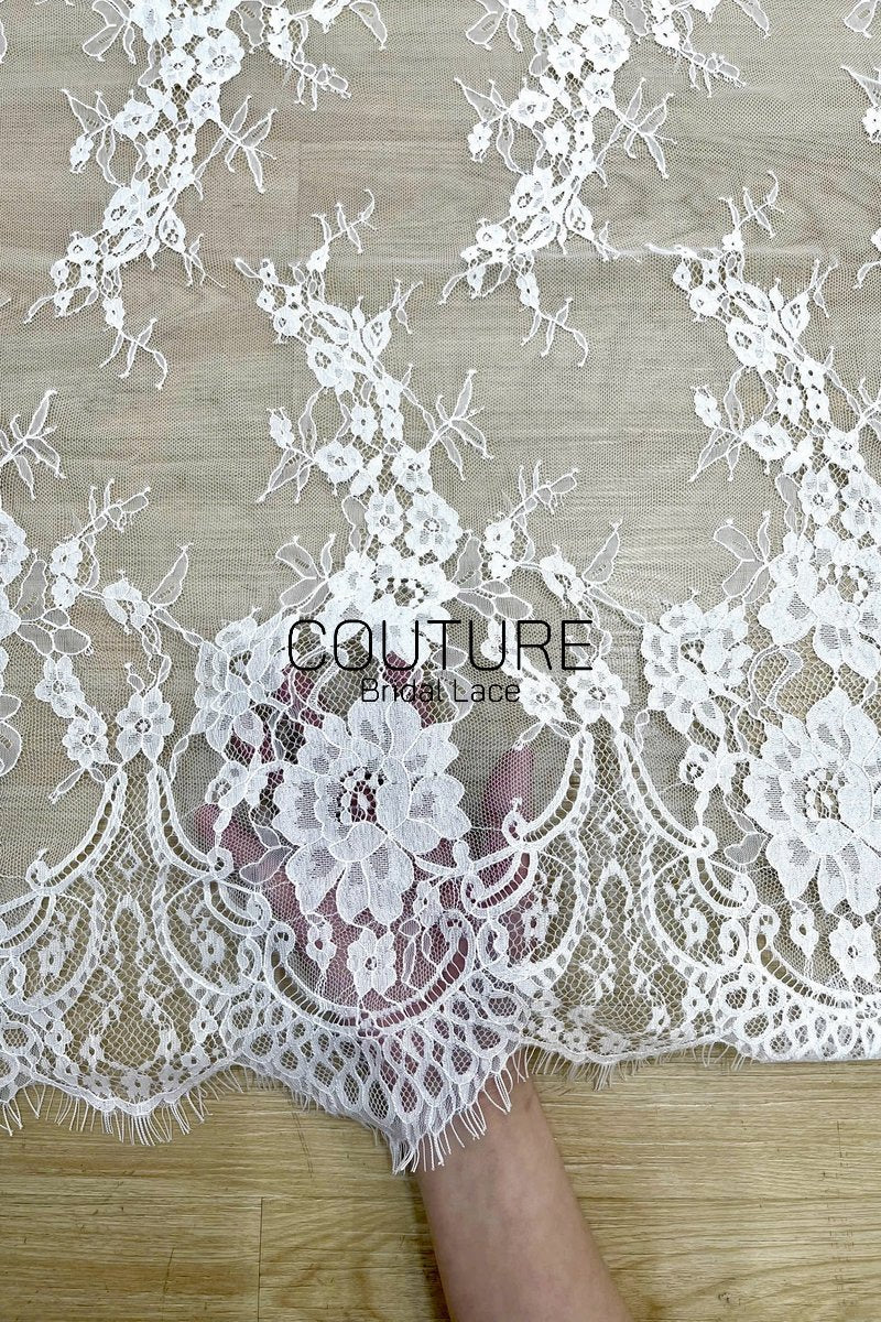 Lace Trim: White Delicate Floral Vine Sprays with Ornate Scalloped Floral Border Edge, 3 Meters