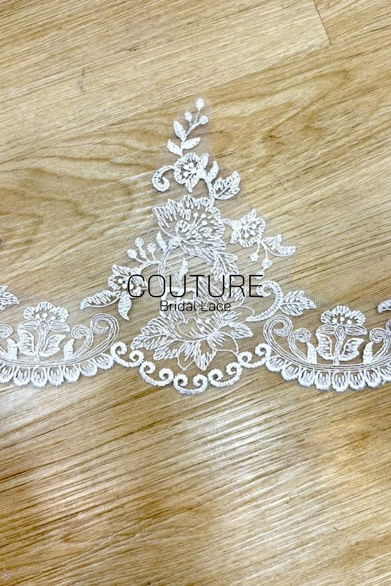 Lace Trim: Ivory Delicate Floral Vine Bouquet with Ornate Scalloped Scrollwork Edge, 1 Meter