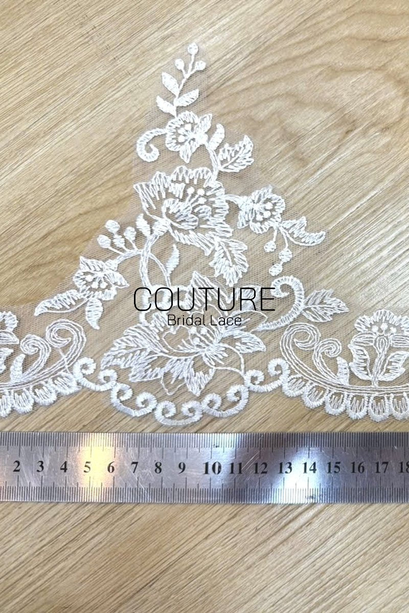 Lace Trim: Ivory Delicate Floral Vine Bouquet with Ornate Scalloped Scrollwork Edge, 1 Meter