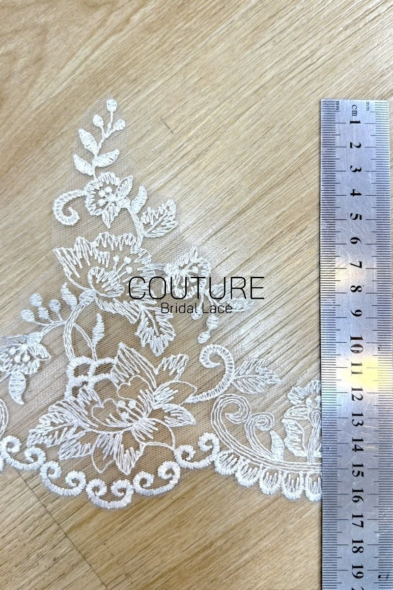 Lace Trim: Ivory Delicate Floral Vine Bouquet with Ornate Scalloped Scrollwork Edge, 1 Meter