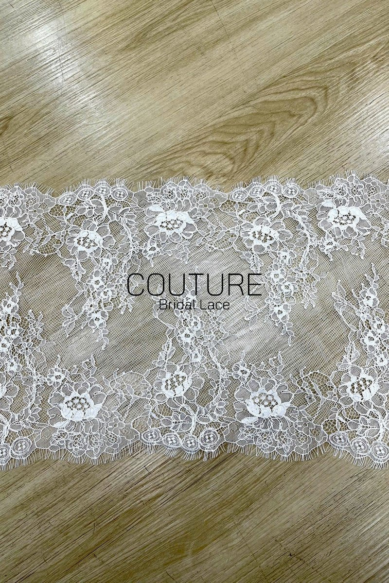 Lace Trim: White Intricate Floral Vine Medallion with Scalloped Eyelash Fringe Border Edge, 3 Meters