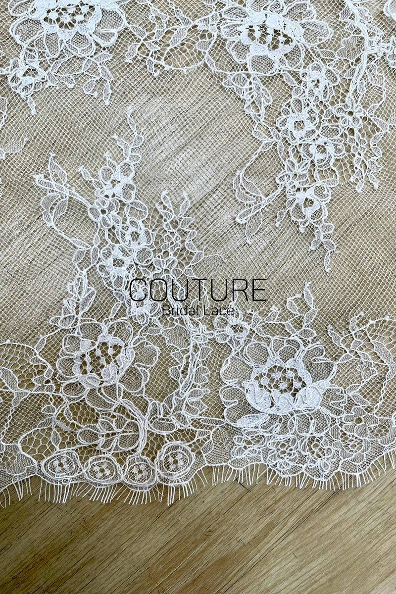 Lace Trim: White Intricate Floral Vine Medallion with Scalloped Eyelash Fringe Border Edge, 3 Meters