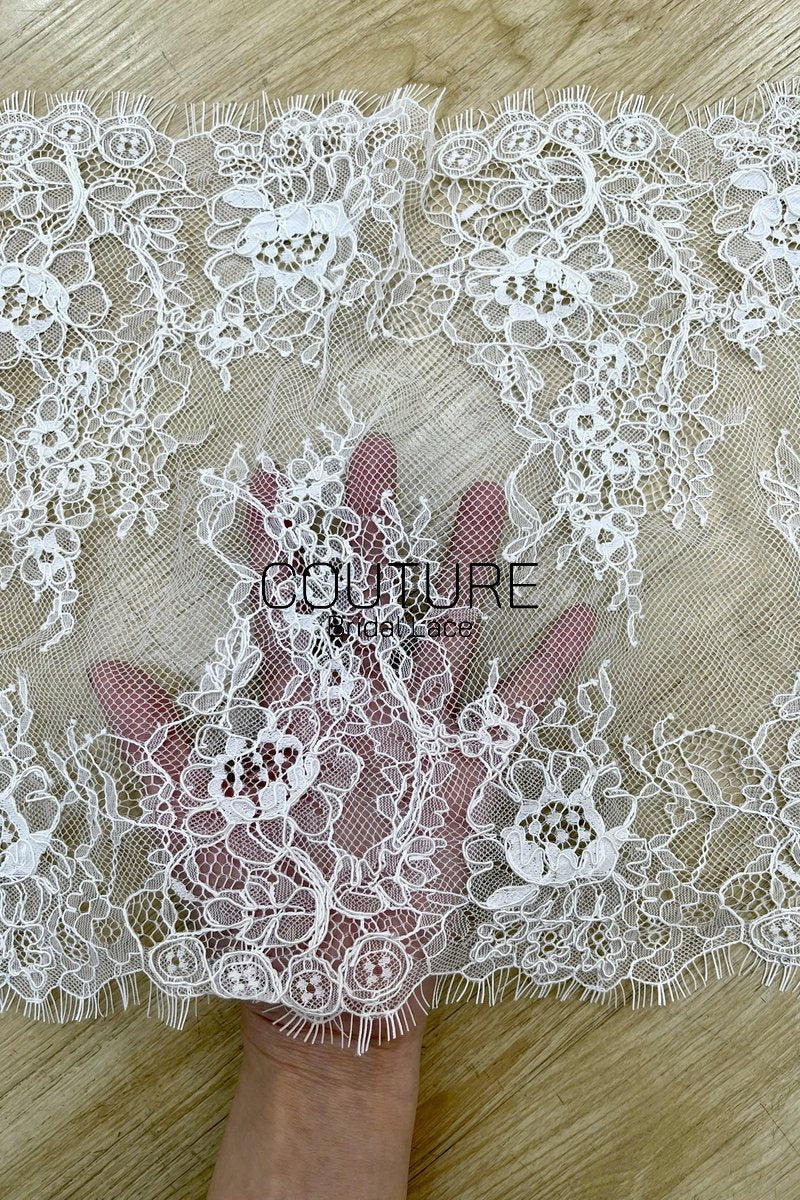 Lace Trim: White Intricate Floral Vine Medallion with Scalloped Eyelash Fringe Border Edge, 3 Meters