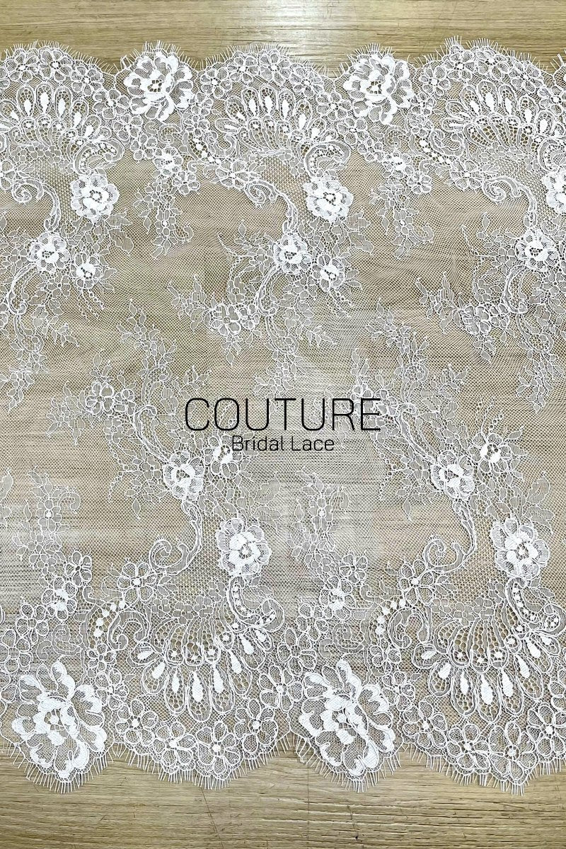 Lace Trim: Ivory Delicate Floral Scrollwork with Scalloped Eyelash Fringe Border Edge, 1 Meter