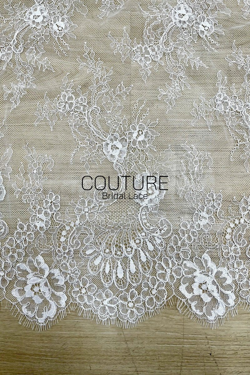 Lace Trim: Ivory Delicate Floral Scrollwork with Scalloped Eyelash Fringe Border Edge, 1 Meter