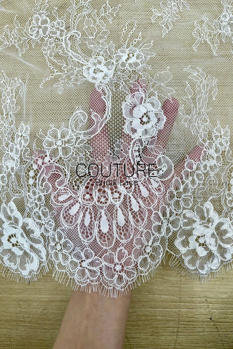 Lace Trim: Ivory Delicate Floral Scrollwork with Scalloped Eyelash Fringe Border Edge, 1 Meter