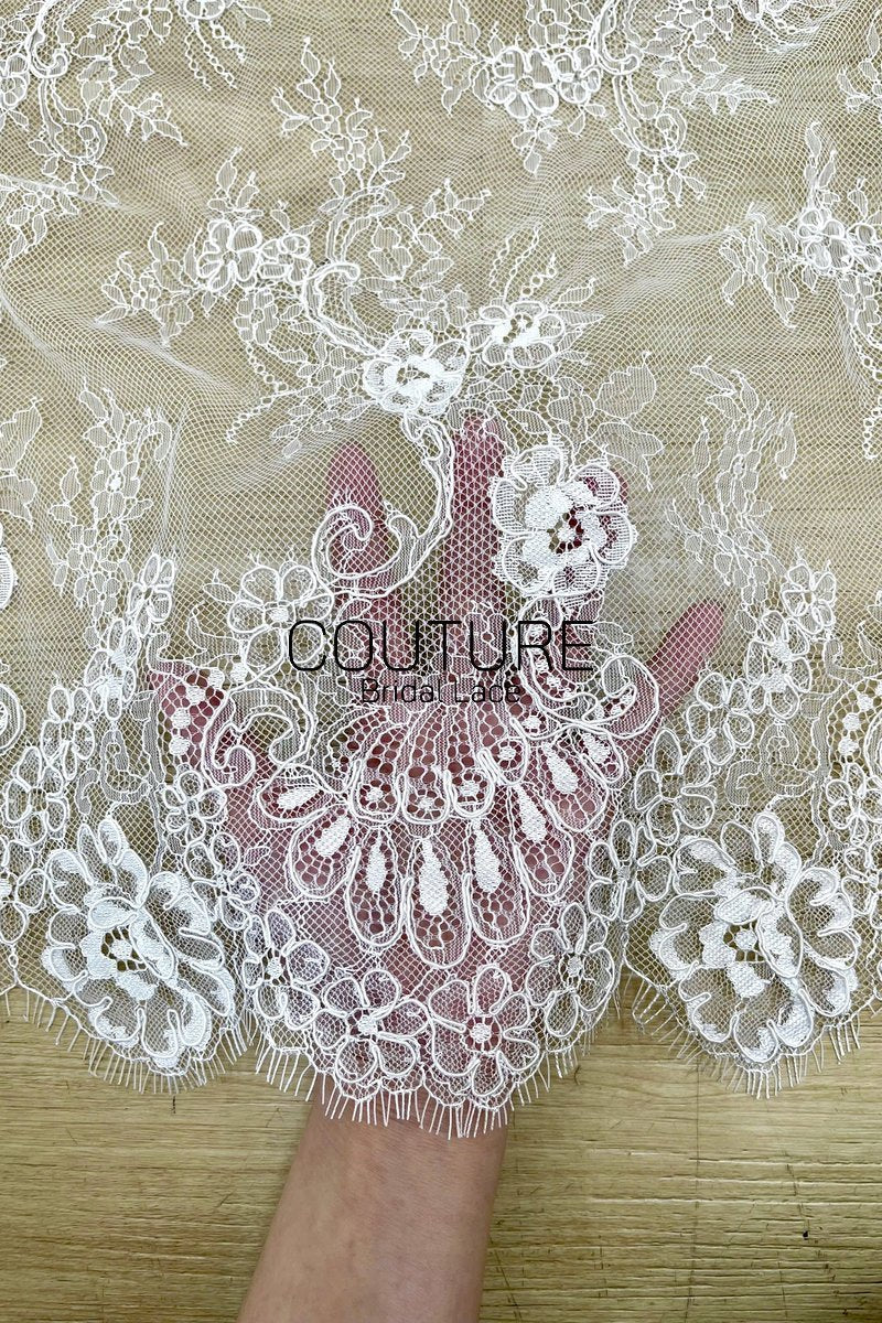 Lace Trim: Ivory Delicate Floral Scrollwork with Scalloped Eyelash Fringe Border Edge, 1 Meter