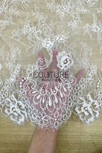 Lace Trim: Ivory Delicate Floral Scrollwork with Scalloped Eyelash Fringe Border Edge, 1 Meter
