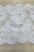 Lace Trim: White Intricate Floral Scrollwork Pattern with Scalloped Eyelash Fringe Edge Detail, 1 Meter